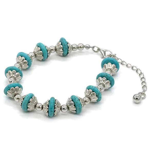 Bracelet Turquoise Silver Beads Silver Lobster Clasp. - Picture 1 of 2